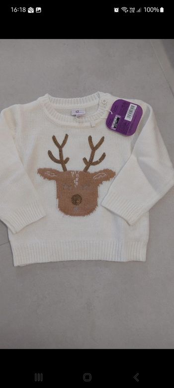 Joli Pull rennes, ecru, 18 mois, pommette, neuf