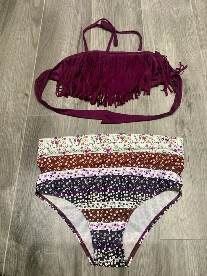 Maillot de bain bikini bordeaux blanc 2 pièces à franges taille haute