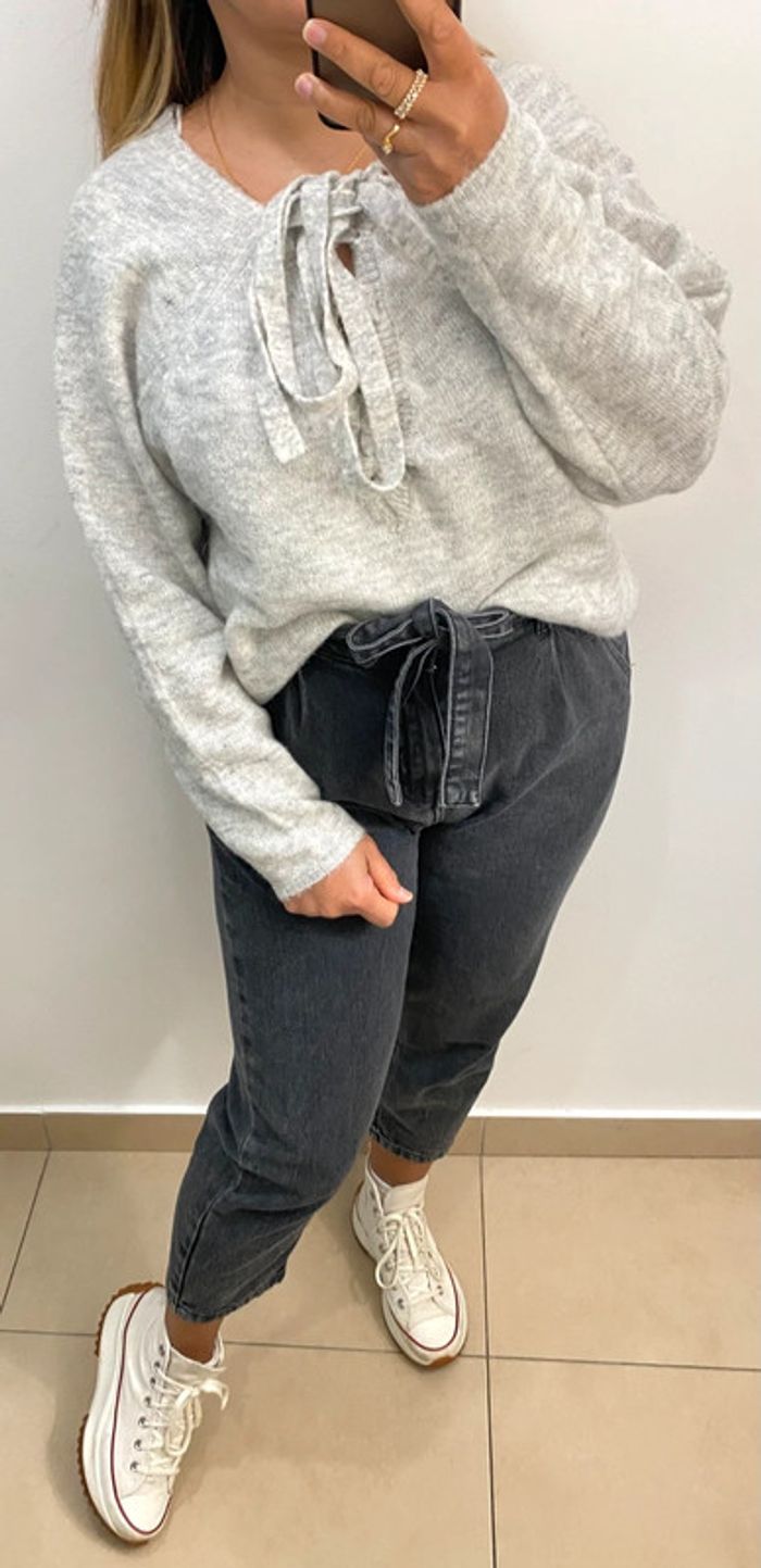 Superbe Pull Gris Col V À Nouer Taille M - photo numéro 4