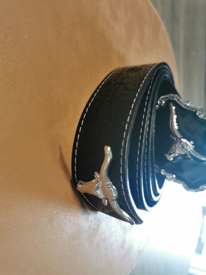 Ceinture de cowboy country taureau argenté et noir - photo numéro 3