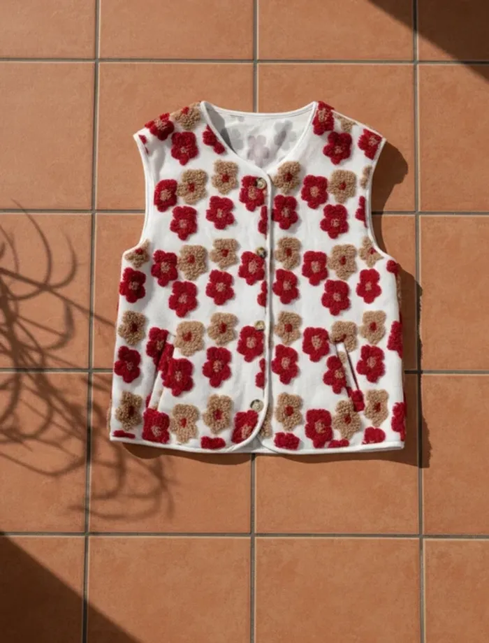 Gilet sans manches blanc fleuri, boutons, taille M, style bohème rétro