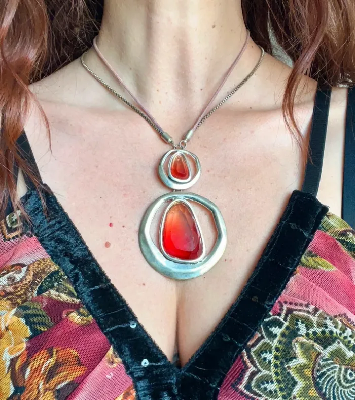 Collier anneaux argenté pierres rouges y2k Whimsical vintage