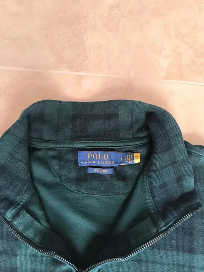Pull quart Zip homme écossais L Ralph Lauren vert motif carreaux logo jaune excellent état - photo numéro 4