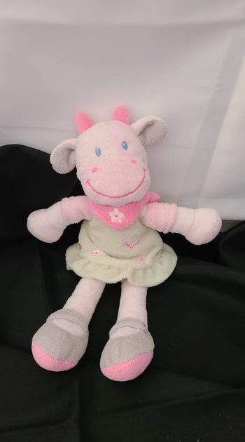 Nicotoy doudou vache rose vert gris robe bandana fleur papillon