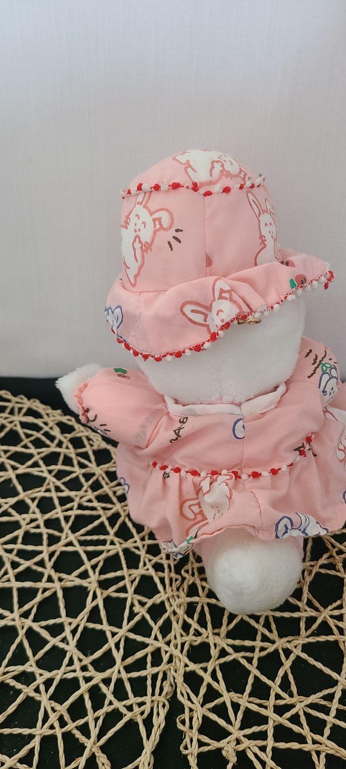 Peluche doudou canard blanc rose robe chapeau vintage Van De Walle - photo numéro 4