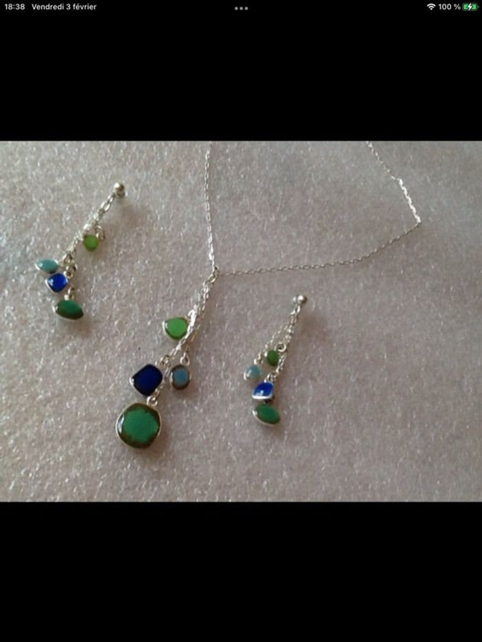 Parure neuve finition argent 925 et email bleu vert garantie sans nickel