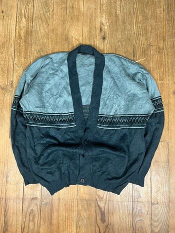 Pull cardigan maille vintage motifs rayures bleu marine M