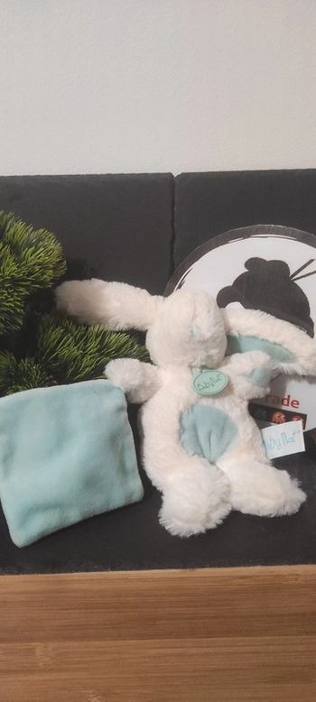 doudou lapin mouchoir baby nat bn071 blanc vert bleu câlins Turquoise Fourrure