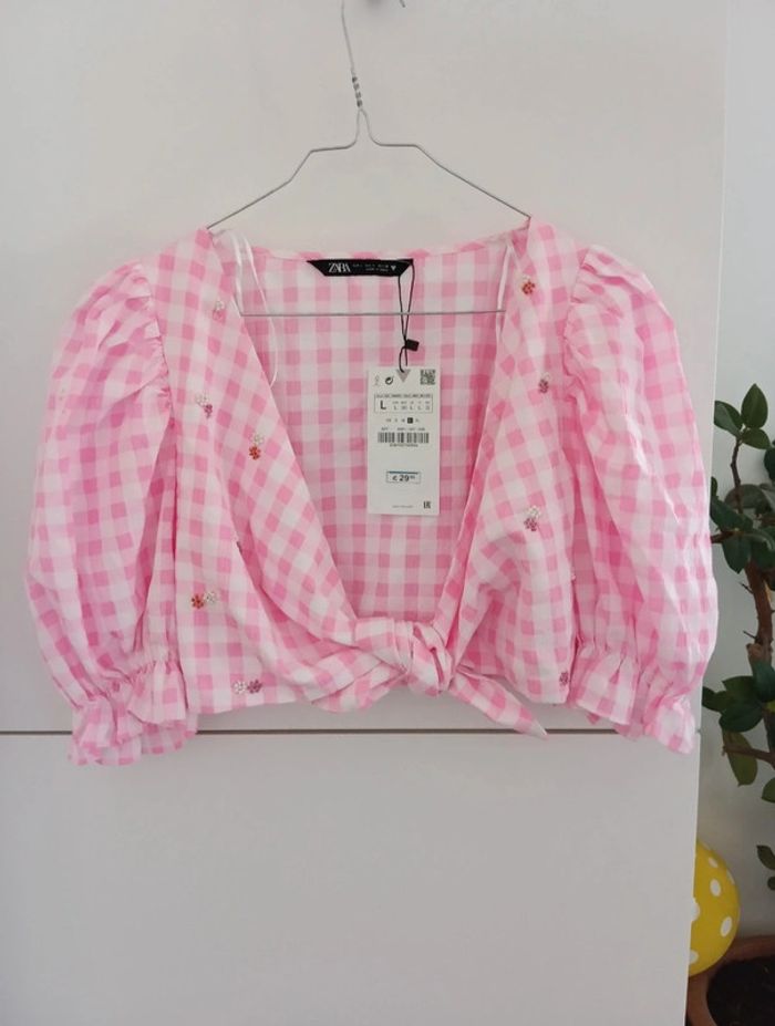 Top à nouer Zara à carreaux rose taille L
