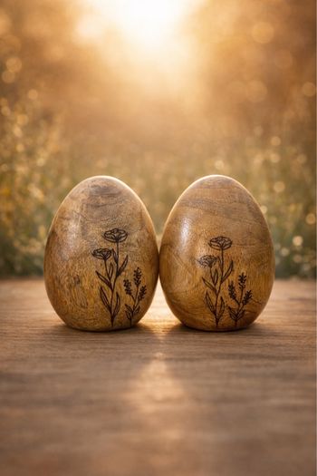 Lot de 2 œufs décoratifs en bois 