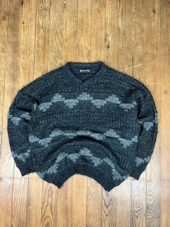 Pull maille vintage laine motifs noir gris Made in UK L