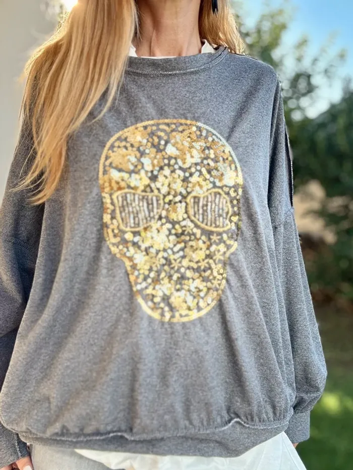 Sweat oversize – motif tête de mort sequins dorés + grand débardeur - photo numéro 4