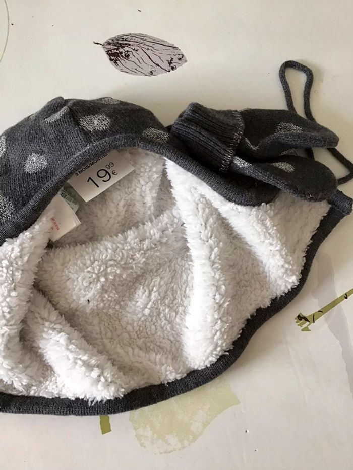 Ensemble bonnet et moufles molletonné taille 3 mois Obaibi gris argenté blanc - photo numéro 3