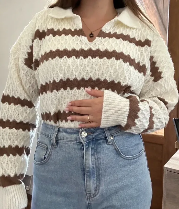 Pull Femme Rayé Marron Écru Col Polo - Taille L Neuf Tricot Chunky Automne - photo numéro 3