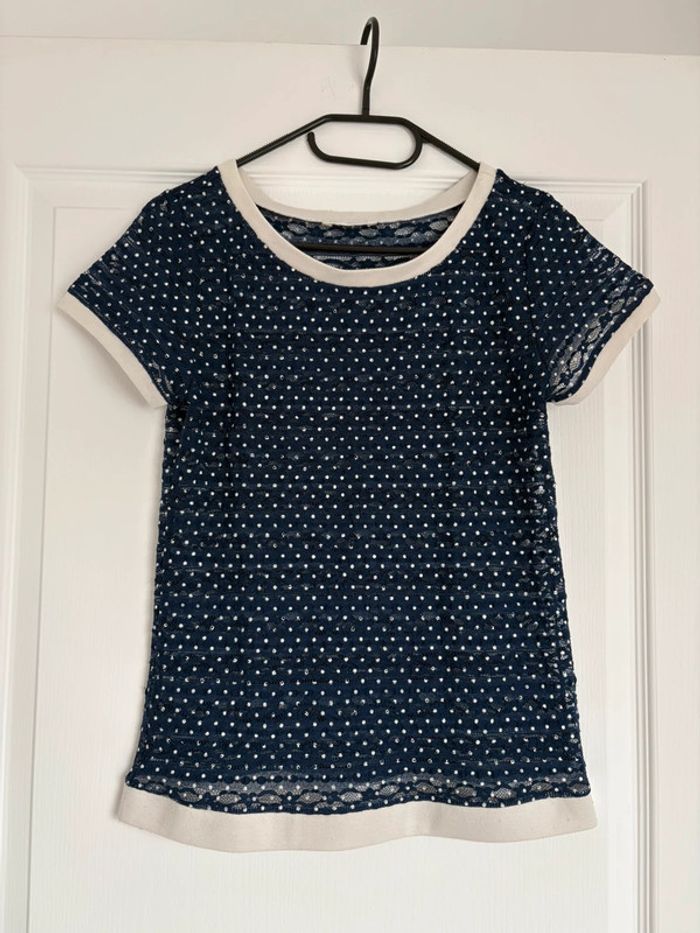 T-shirt manches courtes bleu transparent à pois blanc Promod S très bon état - photo numéro 2
