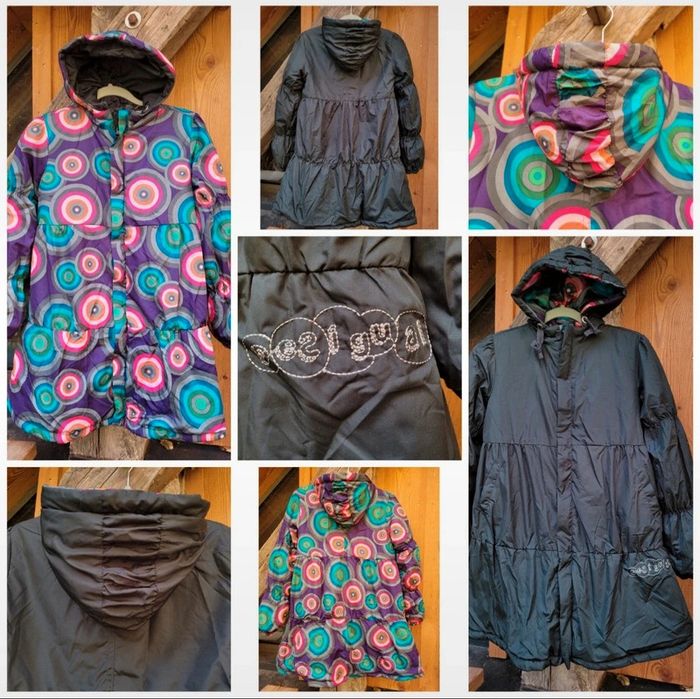 Manteau réversible à capuche Desigual, un côté noir l'autre à motifs ronds colorés 🍭, 14 ans