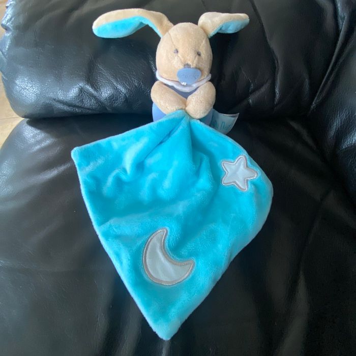 BABYNAT BABY NAT  DOUDOU LAPIN BEIGE FLUORESCENT MOUCHOIR BLEU TURQUOISE 18CM