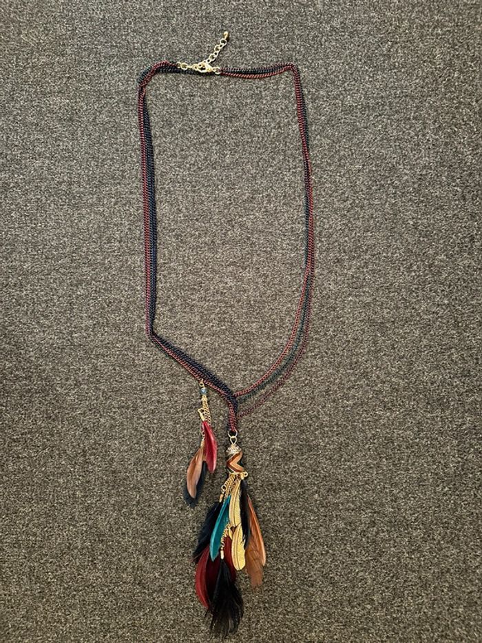 Collier sautoir pendentif plumes et chaînes