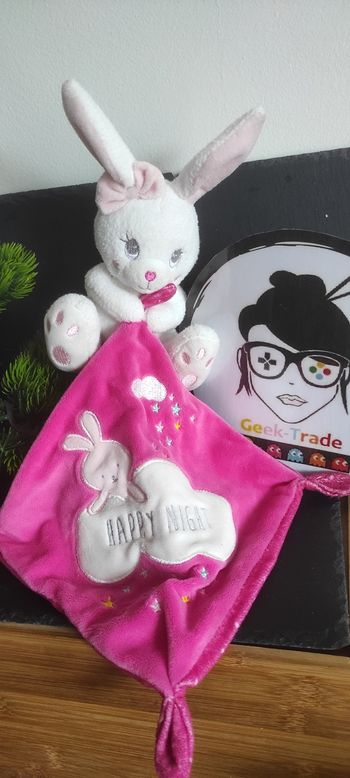 Doudou Lapin blanc Mouchoir rose Happy Night Simba coeur rose Nuage Étoile Noeud