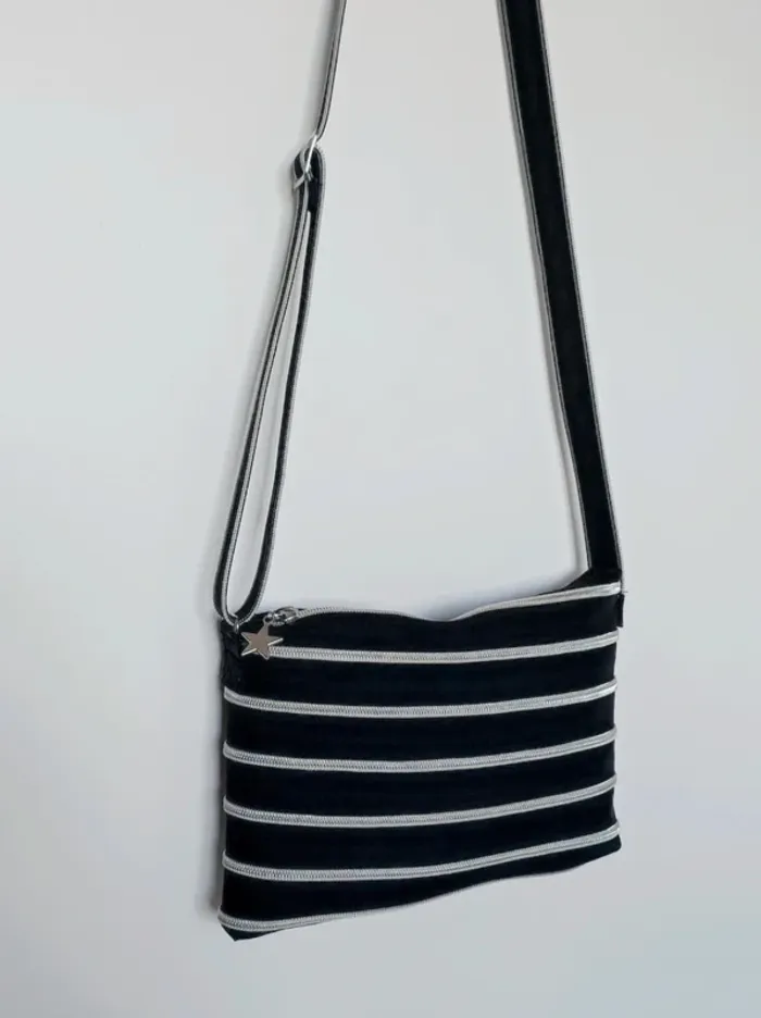 Sac à main bandoulière zip noir argent y2k / Creazip - 25×17×6cm - photo numéro 2
