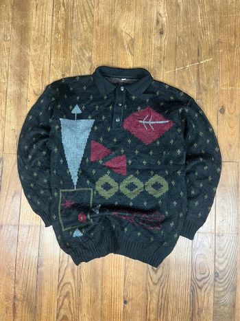 Pull maille vintage motifs noir multicolore M 1/4 boutons