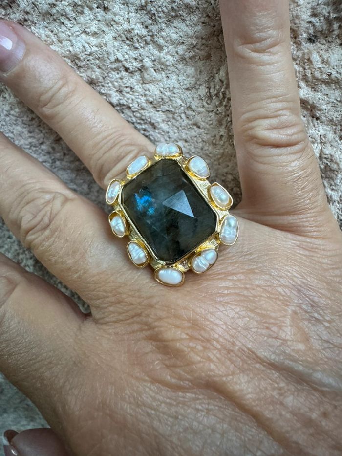 Grosse bague habaha Paris labradorite perles d’eaux douces acier inoxydable or - photo numéro 4