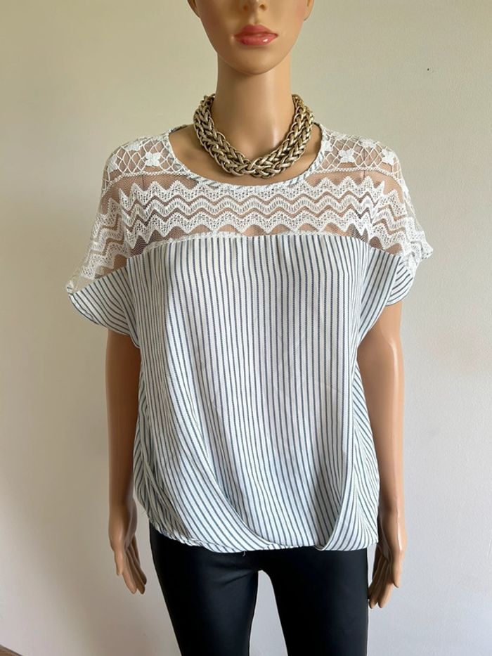 Blouse blanche et bleue avec dentelle Vero Moda taille S jamais portée