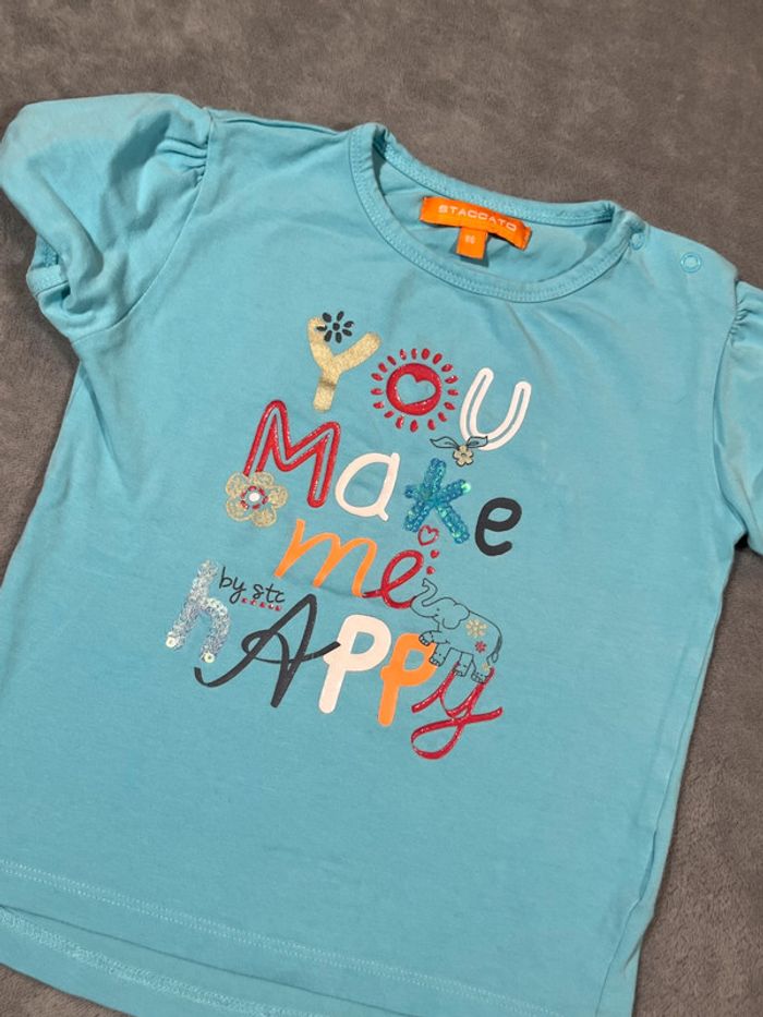T-shirt fille bleu staccato « you make me happy » taille 18-24 mois - photo numéro 4