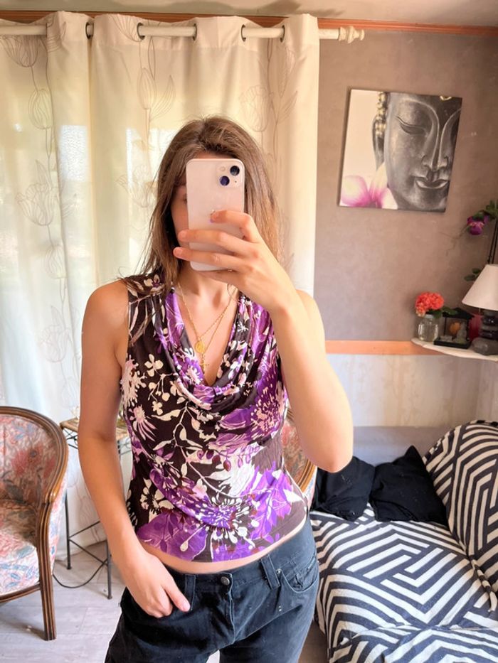 Top débardeur halter neck leopard vintage bohème champêtre y2k - photo numéro 2