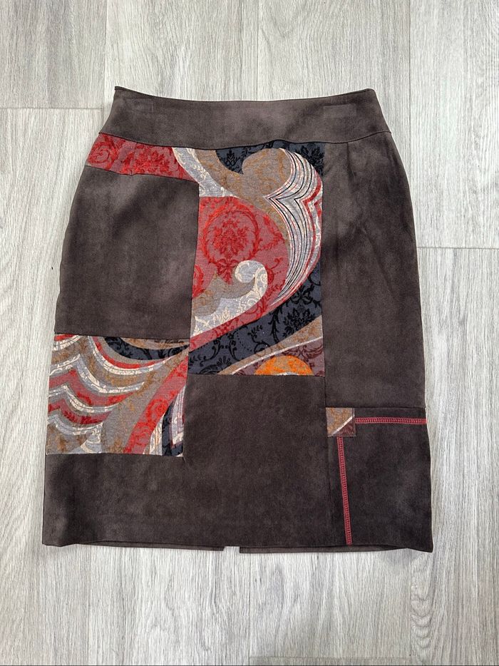 Jupe patchwork en velours marron et orange Gevana Vintage T34 XS