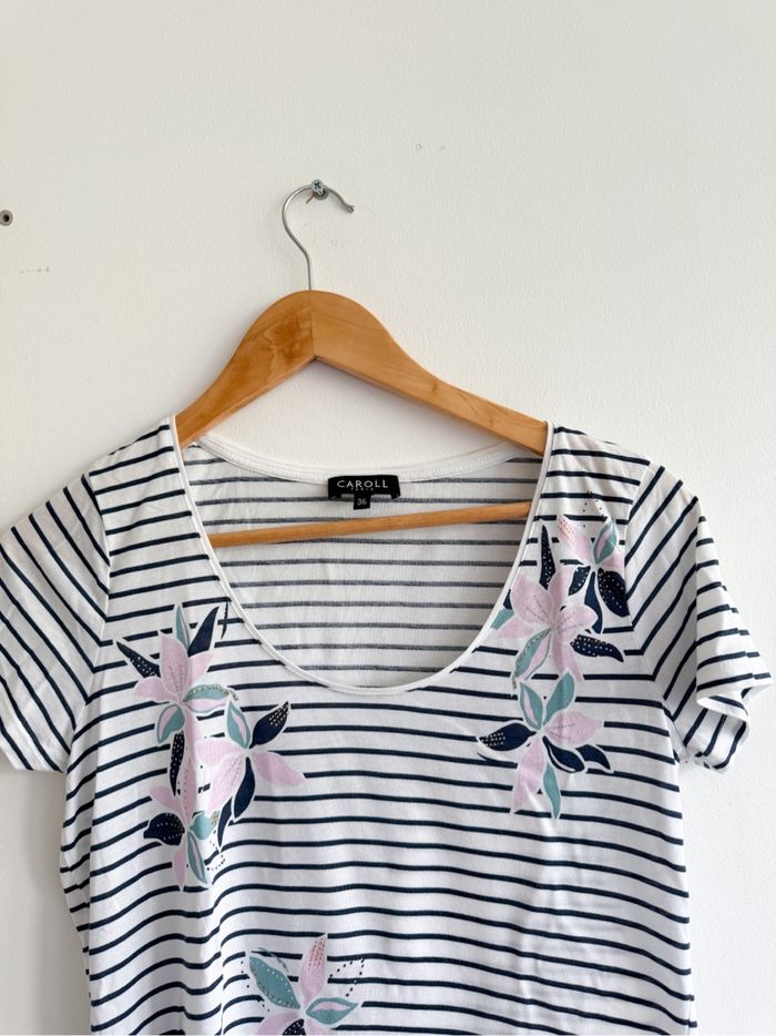 T-shirt manches courtes blanc bleu marine avec imprimé Caroll taille 36 S - photo numéro 3