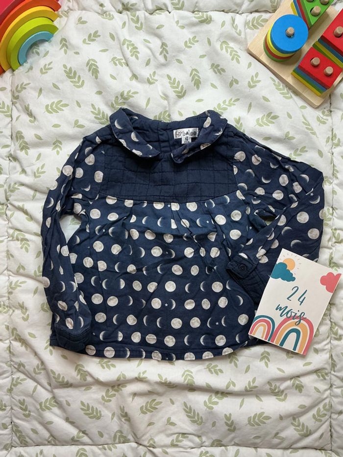 blouse manches longues marine à motifs beige 24 mois kimbaloo - photo numéro 2