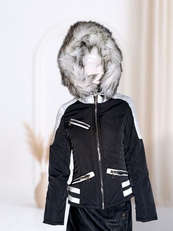 Blouson femme noir style biker chic – Taille M – capuche fourrure