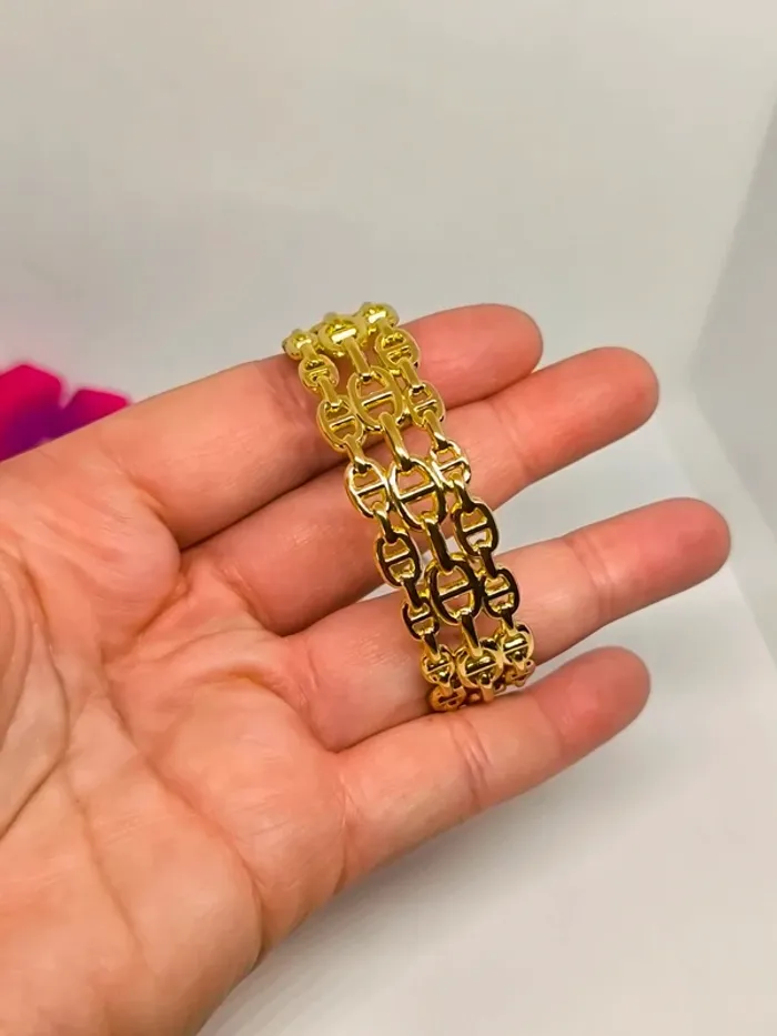 Bracelet manchette dorée maille marine triple rang - photo numéro 4
