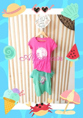 Lot t-shirts licorne Kiabi vert rose 10ans