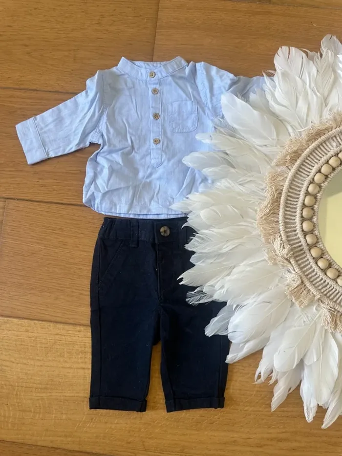 Ensemble bébé garçon 1 mois – Chemise bleue + pantalon – Élégant & parfait état
