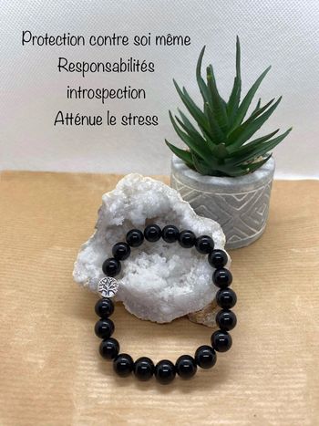 Bracelet onyx noir et arbre  de vie 17 cm , lithothérapie