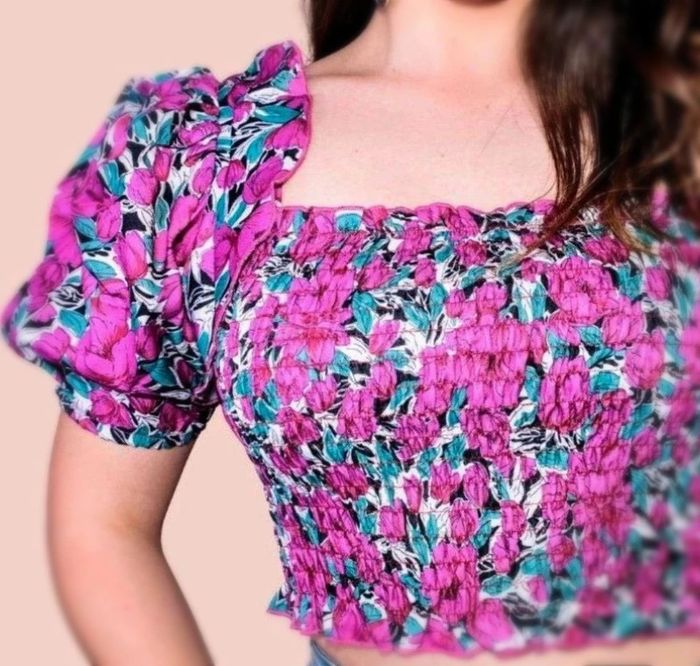 Crop top élastique fleuri rose - photo numéro 2