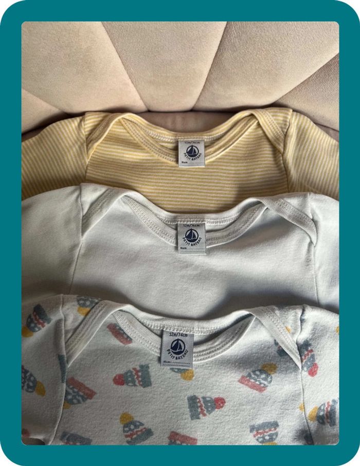 Lot 3 bodies manches longues mixte 12 mois - Petit Bateau - photo numéro 4