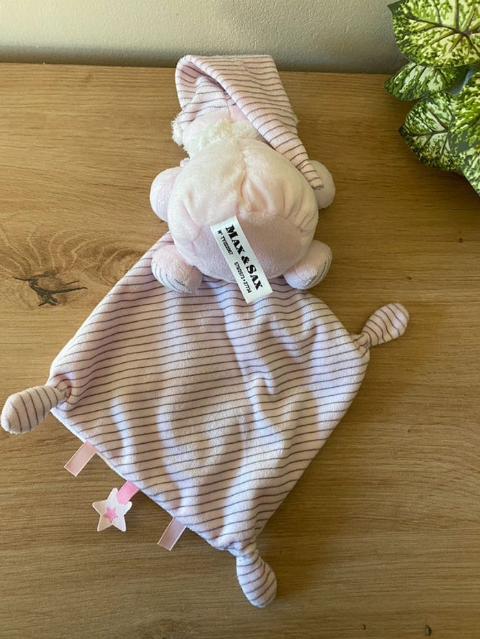 Doudou ours rose mouchoir lune moon rayé Max & sax - photo numéro 3