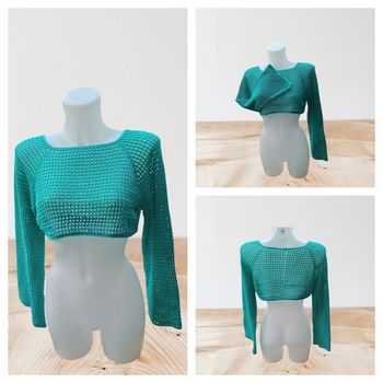 Pull court ajouré bleu turquoise coton majoritaire tu 

