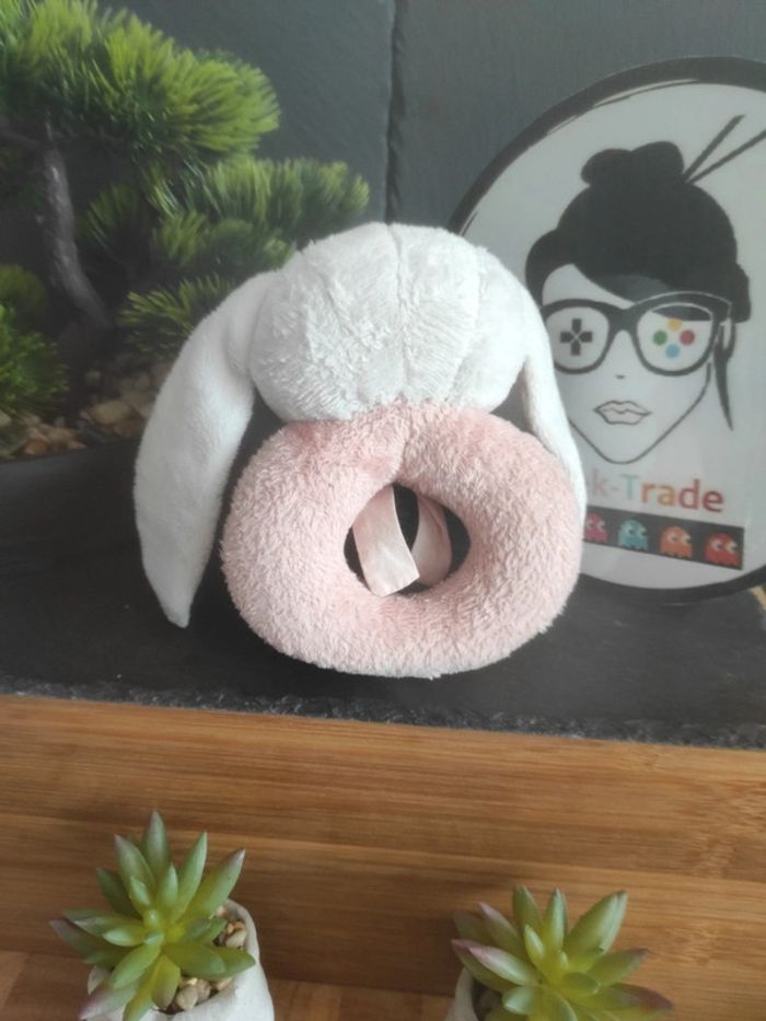 Doudou Hochet Lapin Blanc Rose Fleurs Vintage Noeud #geektradedoudou - photo numéro 3