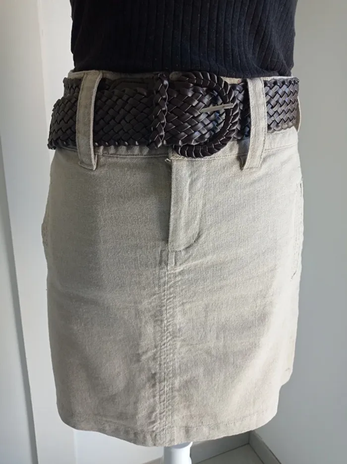 Magnifique jupe en lin et coton beige taupe avec ceinture tressée marron chocolat T.34 Morgan - photo numéro 2