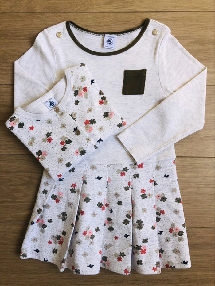 Robe bi-matière en molleton et coton fleuri avec cardigan Petit bateau T-4 ans