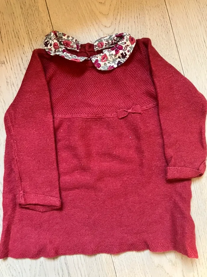Robe hiver en tricot bordeaux avec col en popeline liberty Cyrillus 6 mois