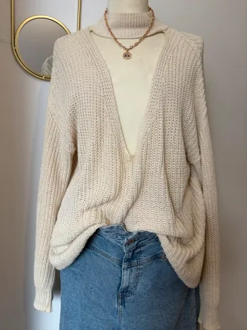 Pull maxi oversize décolleté V 100% coton tricot Zara Knit taille L