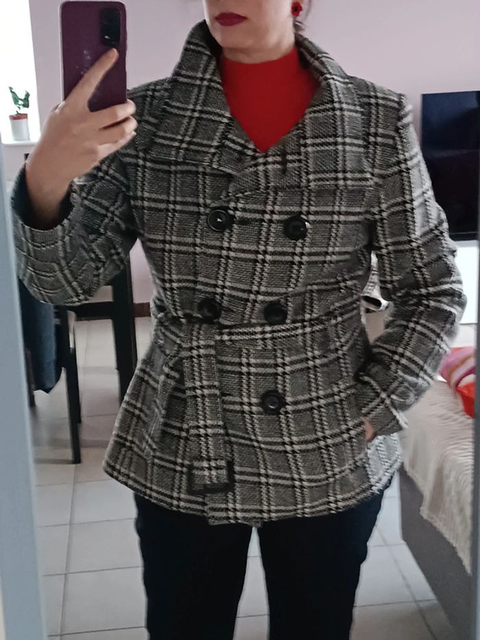 Veste/manteau à carreaux - pied de poule - blanc et noir - taille 42 - photo numéro 6
