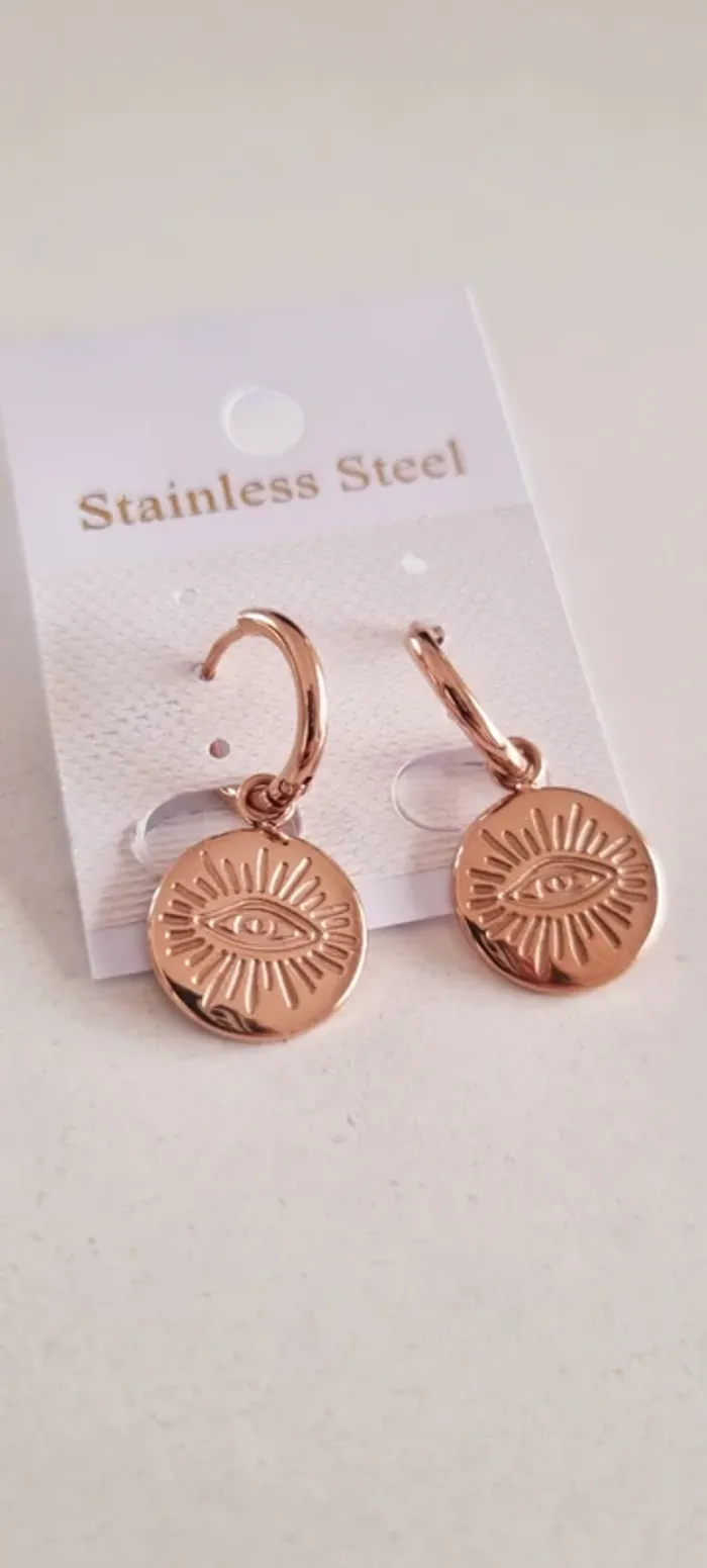 Boucles d'oreilles créoles rose gold œil yeux acier inoxydable - photo numéro 3