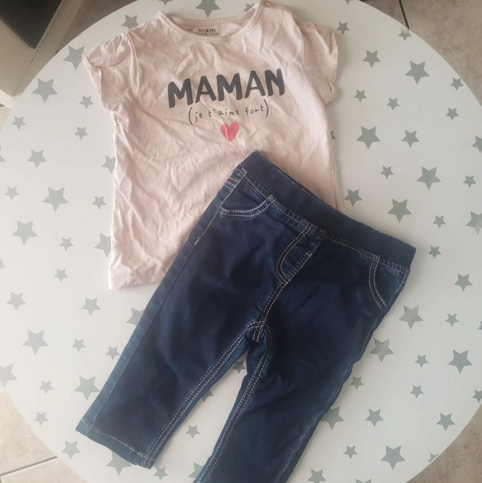 🌴 Ensemble fille taille 9 mois pantalon jean et t-shirt j'aime maman - photo numéro 2