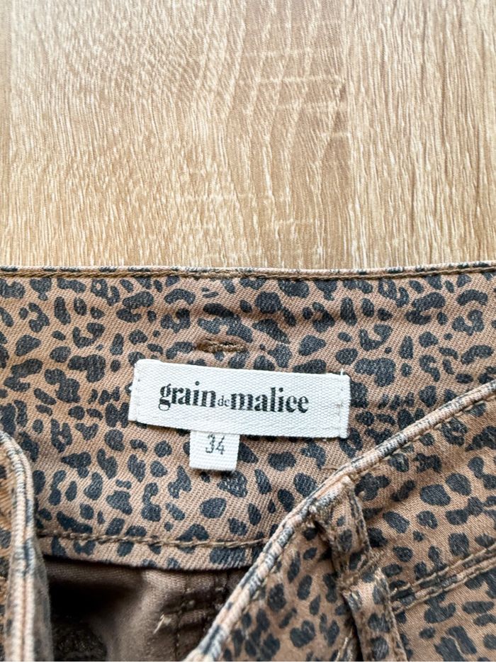 Pantalon slim taille haute luisant marron noir léopard grain de malice taille 34 XS - photo numéro 3
